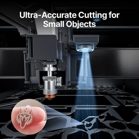 Laser cutting machine with text 'Ultra-Accurate Cutting for Small Objects' and a wolf design inset.