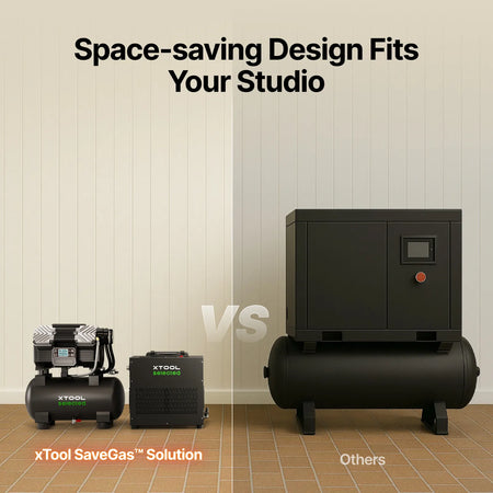 Comparison of xTool SaveGas solution and other compressors on a tiled floor with a neutral wall background.