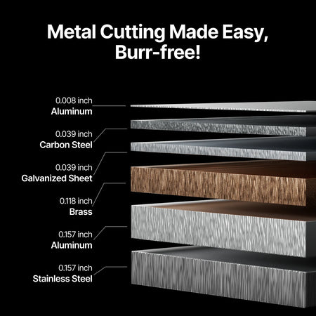 Stack of metal sheets with thickness labels on a black background