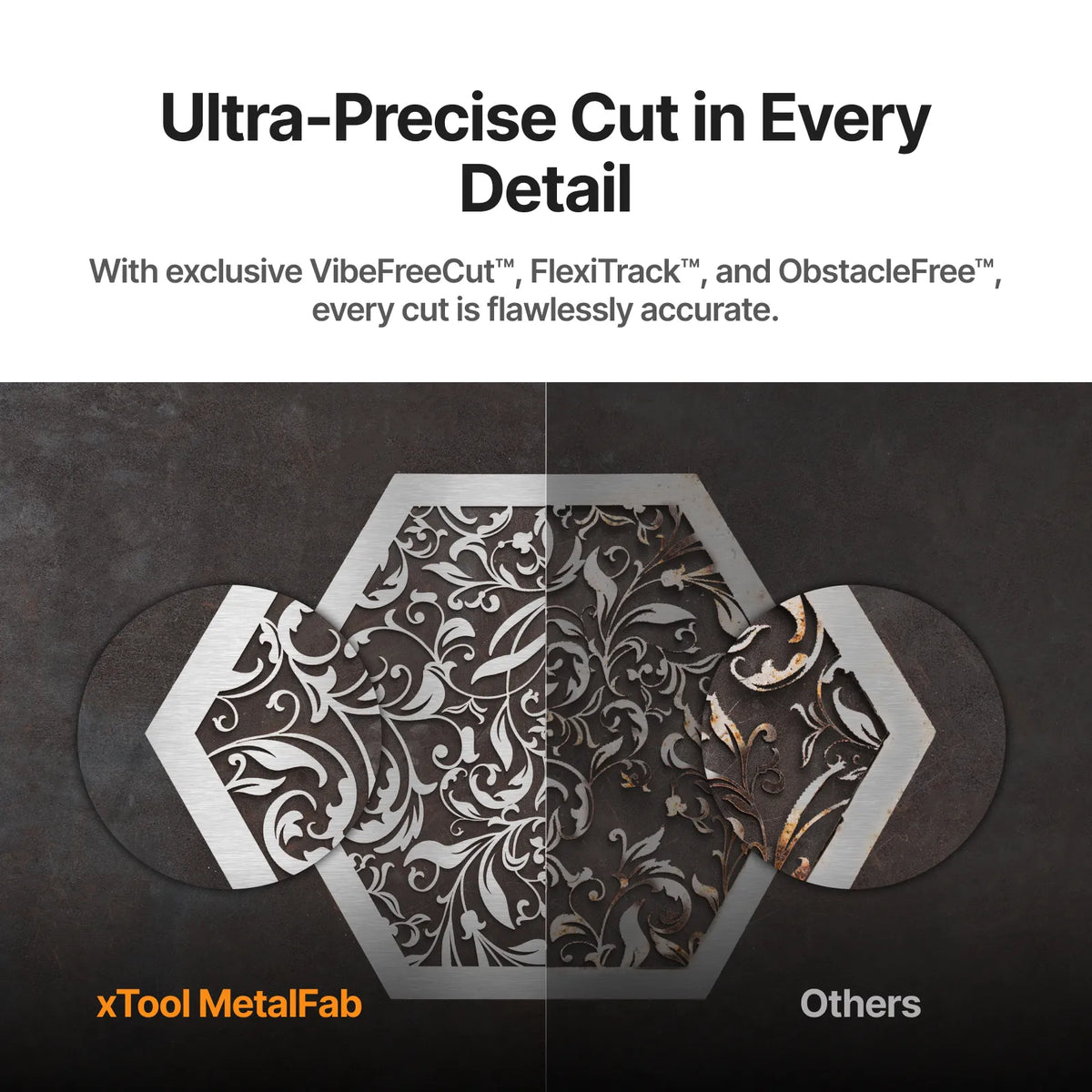 Advertisement for xTool MetalFab with cut-out design and text about precision cutting technology.