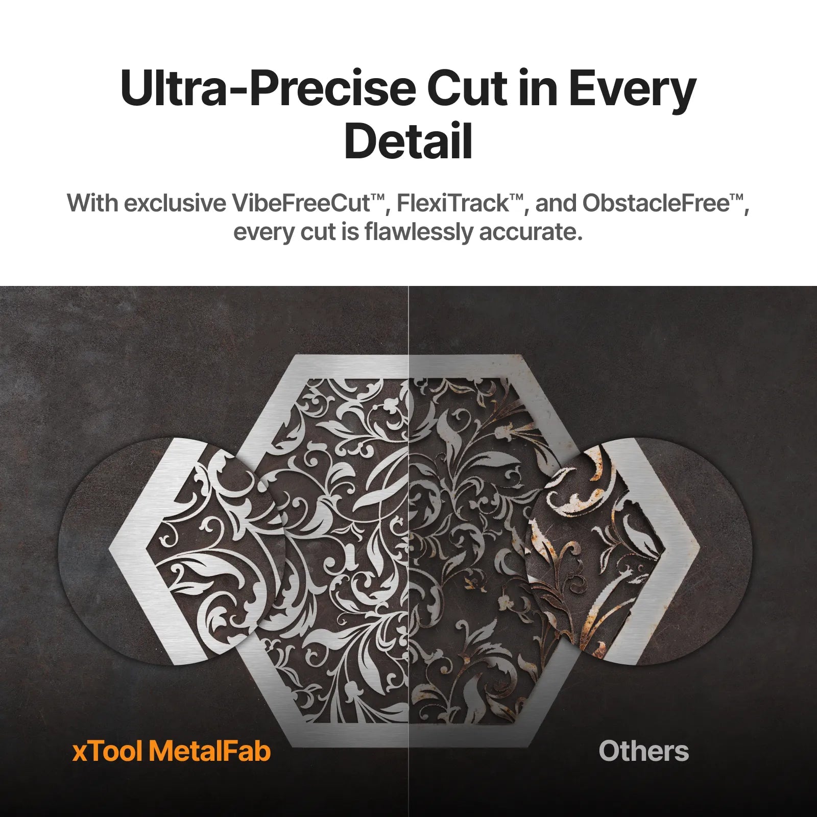 Advertisement for xTool MetalFab with cut-out design and text about precision cutting technology.